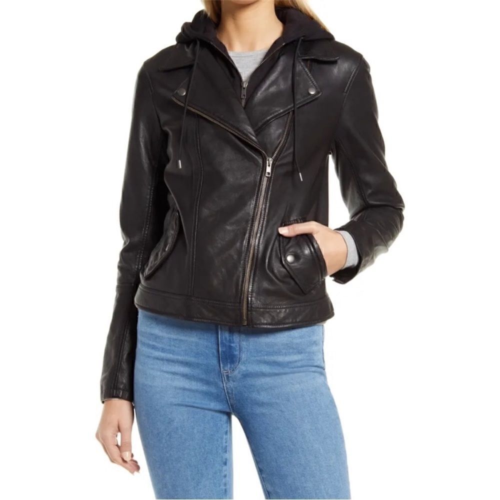 Caslon 100% Leather Moto Jacket With Removable Hood size XS NEW